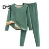 2 Pcs/Set Winter Top Pants Set Thick Plush Round Neck Long Sleeve Elastic Waist Warm Soft Cold Proof Homewear Pajamas Set Thermal Underwear Set