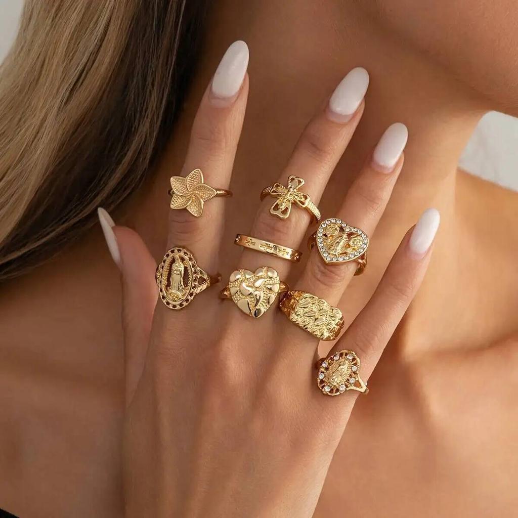 Salircon 8Pcs/Set Creative Gold Color Star Cross Open Ring Exquisite Stackable Heart Inlaid Rhinestone Finger Ring Jewelry 2026