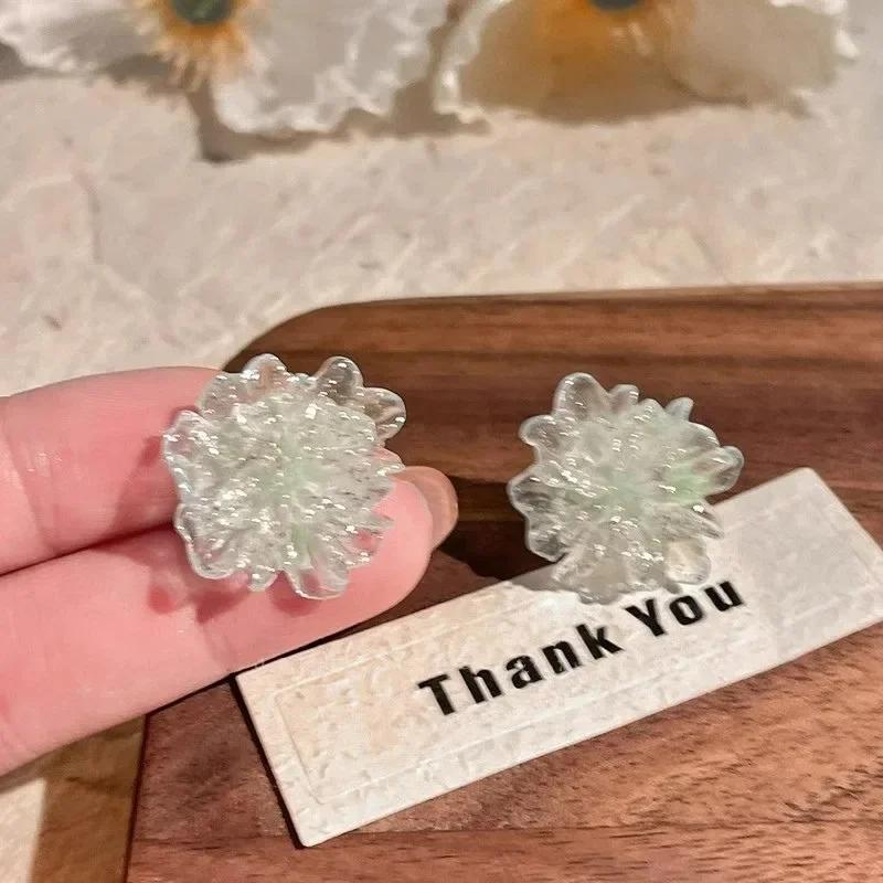 Korean Beige Green Enamel Flower 2025 Women's Earrings Irregular Petals Plant Element Drop Earrings for Female Fashion Ear Decor