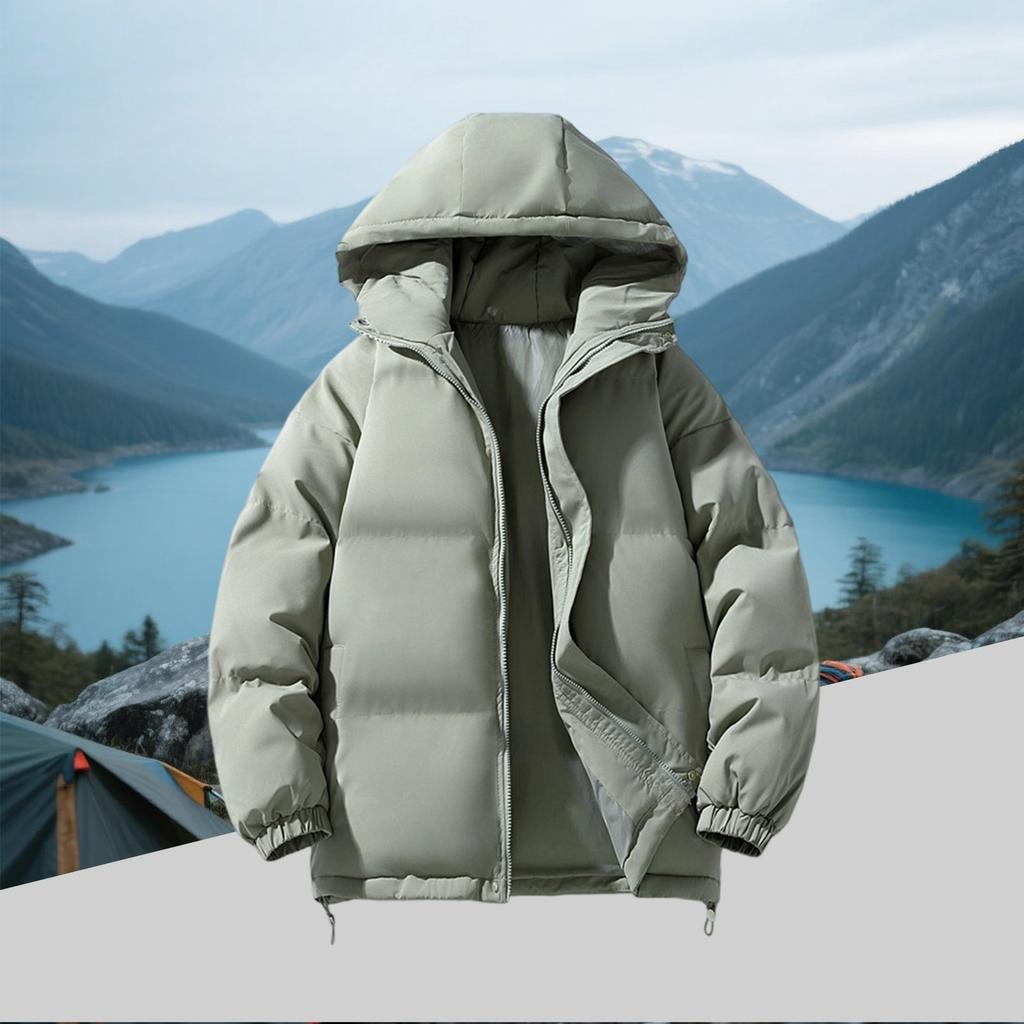 Men's Fleece-Lined Down Cotton Jacket - Loose Hooded Style With Zip Pockets, Warm, Casual & Versatile