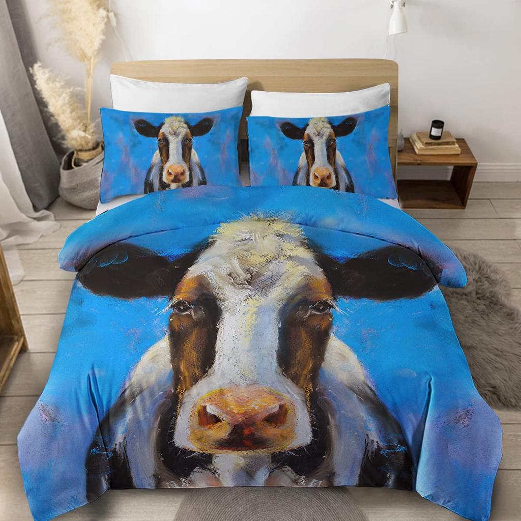 Farmer Cow Print Duvet Cover Set Oil Painting Cow Bedding Set Vintage Animals Dog Pig Chicken Printed Comforter Cover Full Size