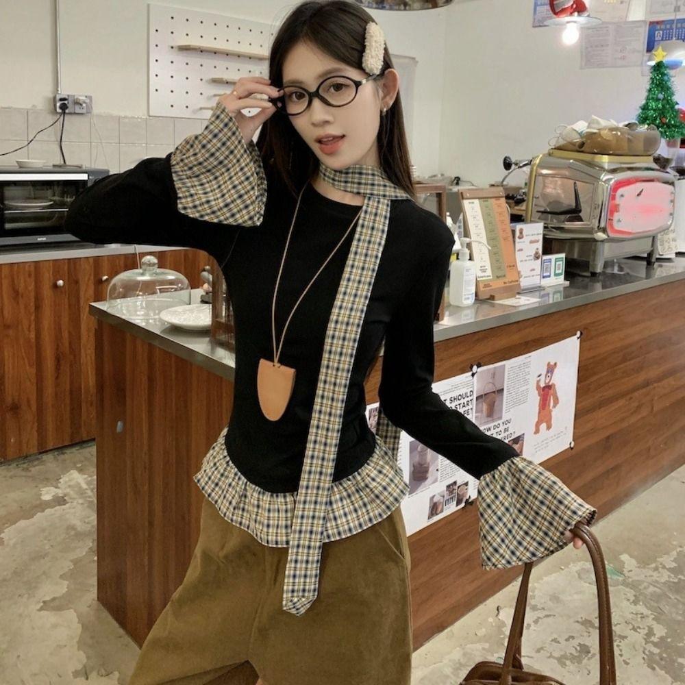 Майки Футболка с имитацией двойки Клетчатая с оборками Приталенный топ Мягкий топ с длинным рукавом Женский