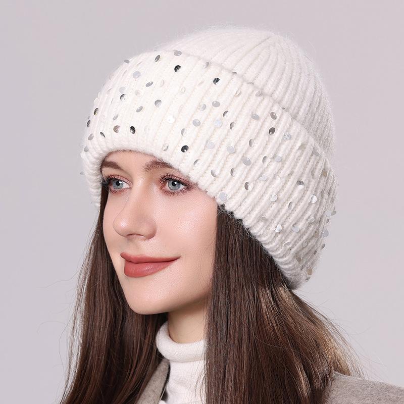 Вязаная шапка из кроличьего меха с пайетками, зимняя теплая шерстяная шапка, модная женская шапка-пуловер для защиты ушей