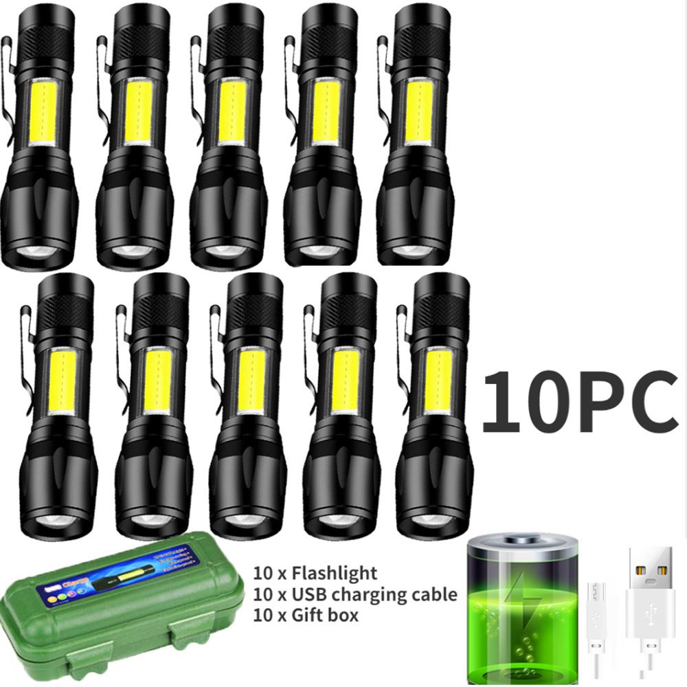 1-10PCS LED Strong Light Telescopic Zoom Flashlight COB Portable Side Light USB Rechargeable Outdoor Household Mini Flashlight