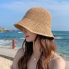 Women Summer Solid Color Woven Straw Bucket Sun Hat Foldable Wide Brim Hollow Breathable Sunscreen Beach Hat