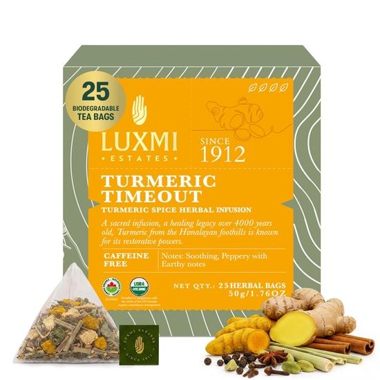 Травяной чай LUXMI Estates Turmeric Time-Out - 25 чайных пакетиков (50 г) | Сертифицированный органический травяной чай USDA | 25 чашек