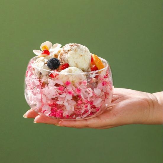 Стеклянная миска с двойными стенками с настоящими прессованными цветами, термо- и холодостойкая, прозрачная миска для подачи салатов, десертов, милый декор для дома и кухни