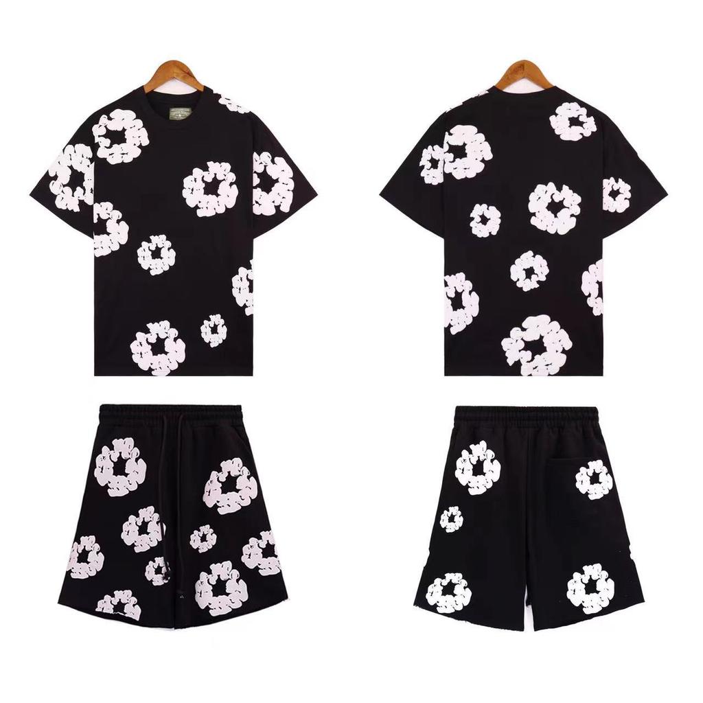 Chic Unisex Two-Piece Running Clothing Tracksuit Set 3D Kapok Foam Printing Flower Pattern Couples Short Sleeved T-shirt Shorts Set