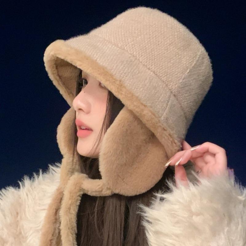 Autumn and winter straps thickened warm bucket hat outdoor cycling windproof ear protection hat casual big head circumference bucket hat