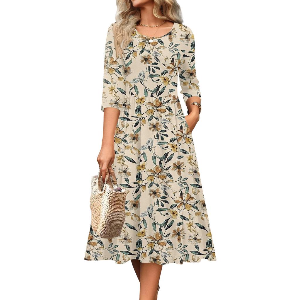 Женское платье с рукавом 3/4, повседневное, свободное, А-силуэта, миди, футболка, с карманами, с круглым вырезом, для отпуска, в стиле бохо, пляжный сарафан