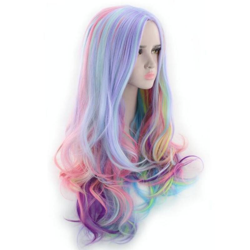 Long Curly Wigs Colorful Rainbow Wig Women Cosplay Synthetic Hair High Temperature Fiber Fake Hair Halloween Party Play Perucas