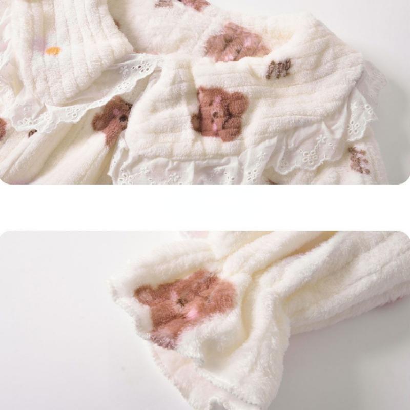 Женская пижама с принтом медведя, корейская милая принцесса, зимняя теплая свободная повседневная домашняя одежда, комплект из двух предметов с кукольным воротником и длинными рукавами