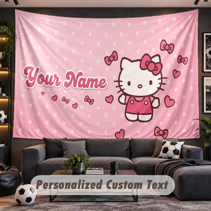 Hello Kitty Personalized Tapestry Support Custom Name, Wall Art Home Decoration