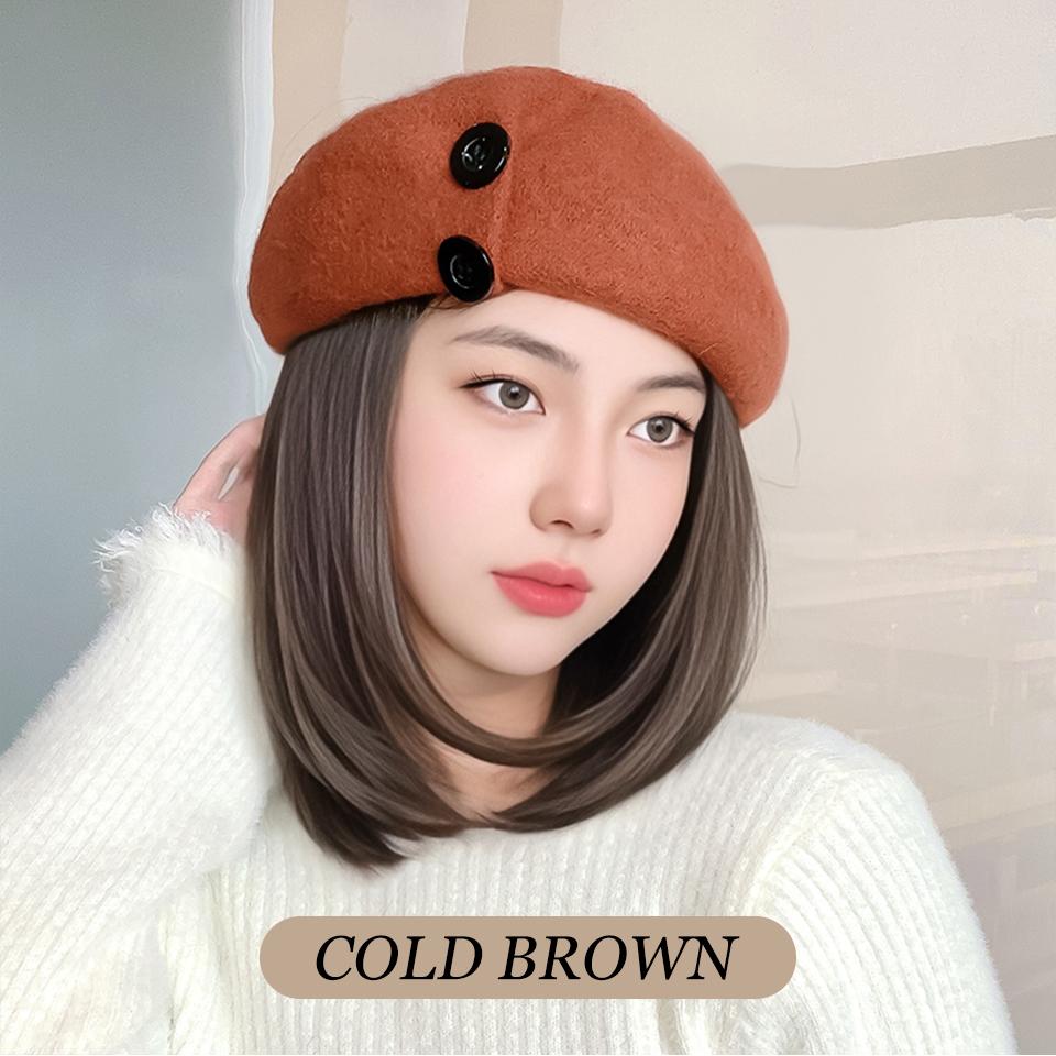 WTB Synthetic Hat Wig Female Autumn and Winter Button Woolen Short Straight Clavicle Beret Temperament Joker Wig