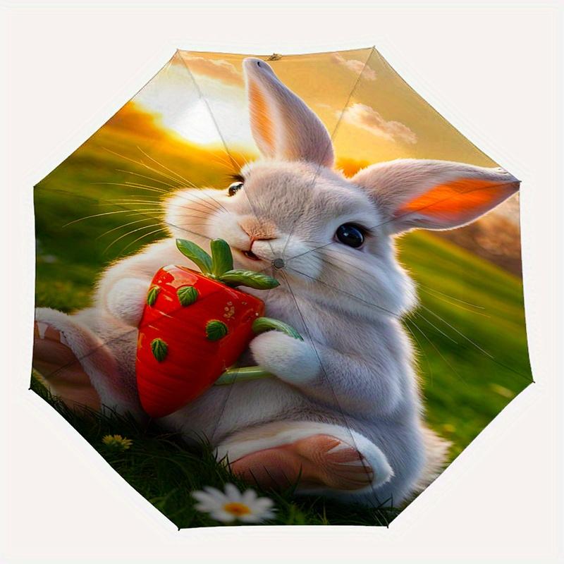 Rabbit, Carrot Themed Automatic Opening and Closing Umbrella Creative Design Umbrella, Portable Tri fold Small Umbrella for Men and Women,
