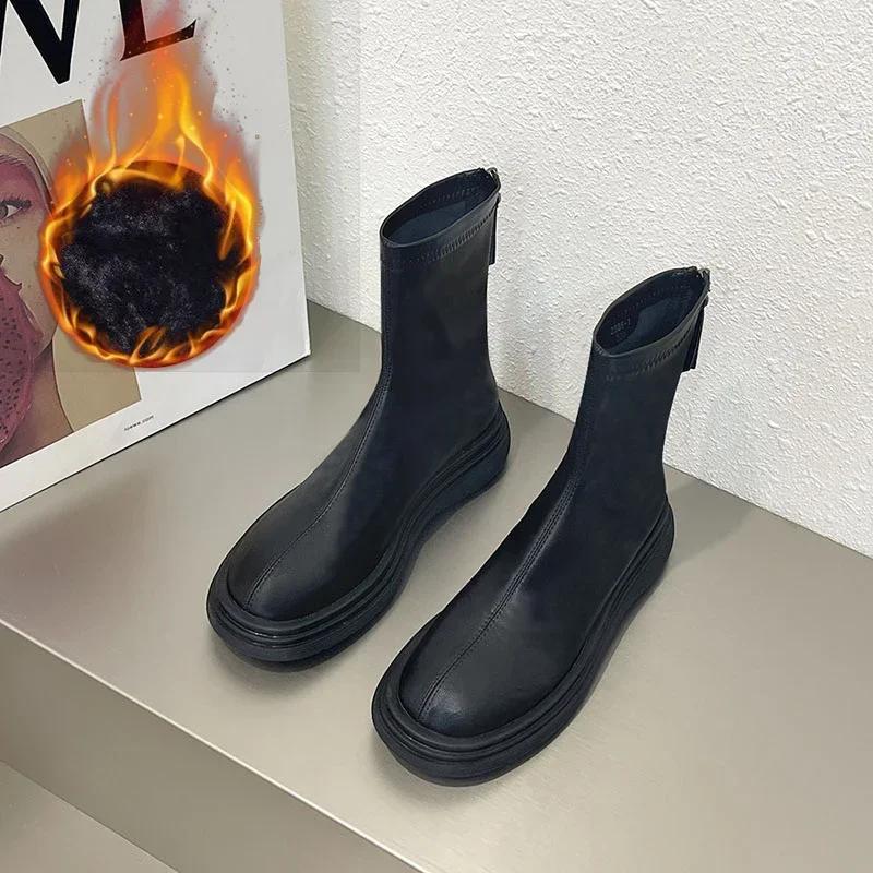 Fashion Winter Cotton Women's High Boots Fashion Soft Leather Back Zippers Long Botas Ladies Comfort Short Plush Knee High Booties