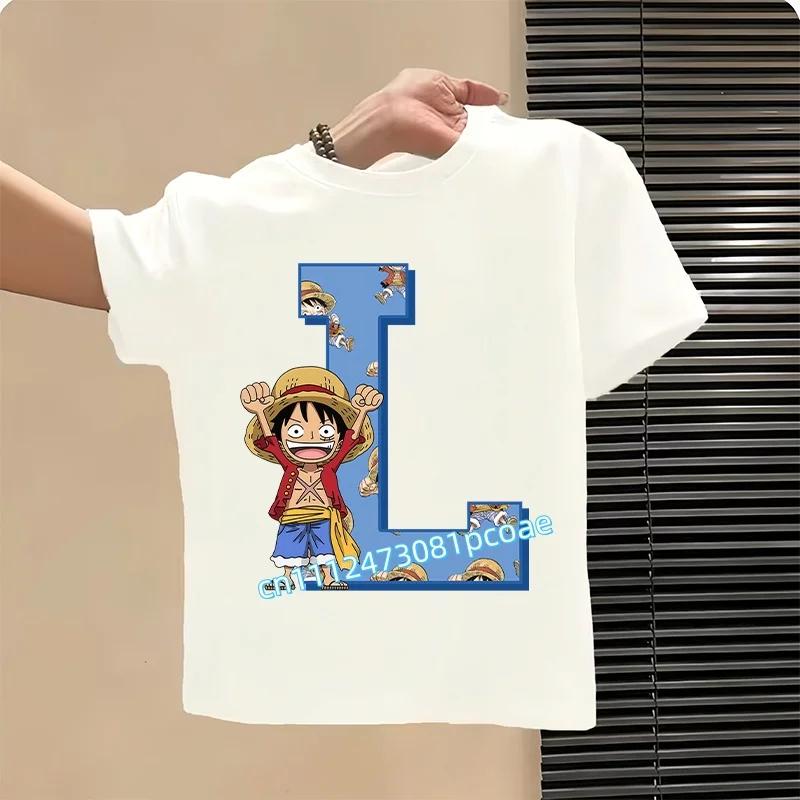 One Piece letter AZ childrens pure cotton shortsleeved boys sports shirtgirls casual top with cartoon printsummer Tshirt