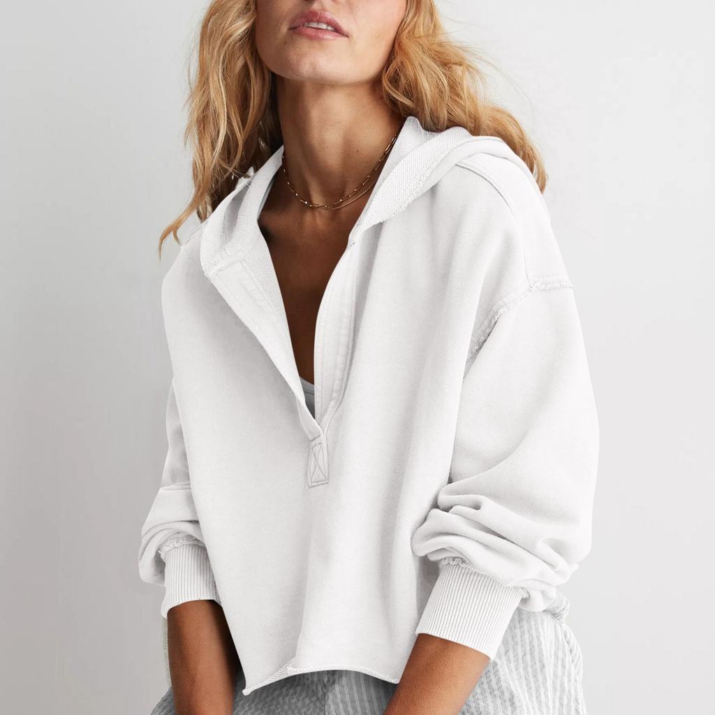 Женская модная однотонная свободная кофта с V-образным вырезом и длинными рукавами, короткая толстовка с капюшоном