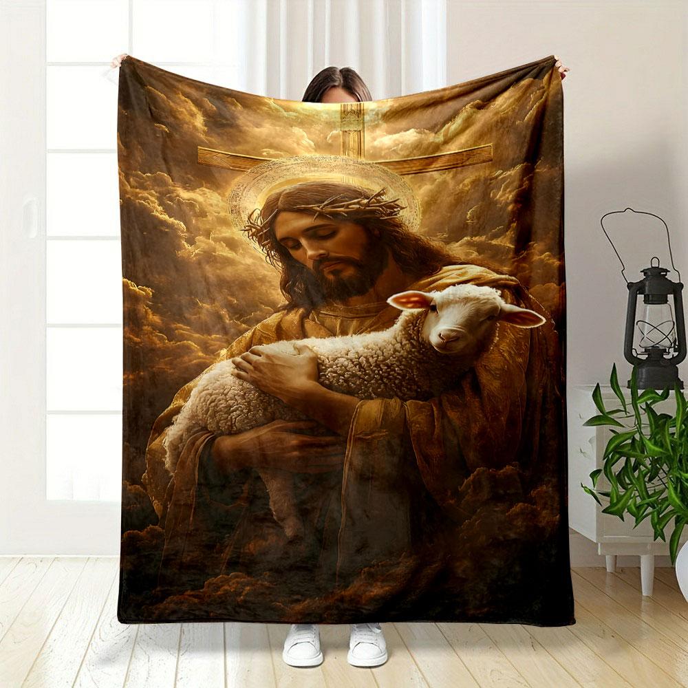 Jesus Holding Lamb Cross Blanket Printed Blanket for Living Room Bed Couch lunch break Soft Cozy Blanket for Friend's festival Gift