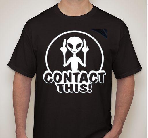 CONTACT THIS!! Alien middle finger the bird flip off UFO Outer space T Shirt Mens Womens Tees Top