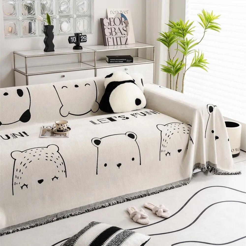Panda Dog Nature Flowers Print Soft Sofa Towel Blankets Camping Picnic Anti-Cat Towel White Cotton Scratch Protection Sofa Mat