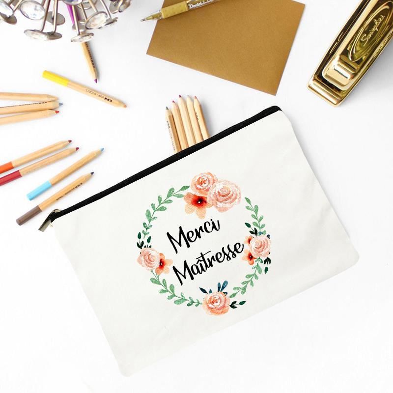 Teacher Superpower French Letter Print Women Cosmetic Bag Canvas Zipper Makeup Pouch Purse Organizer Pencil Bags Toiletry Bag