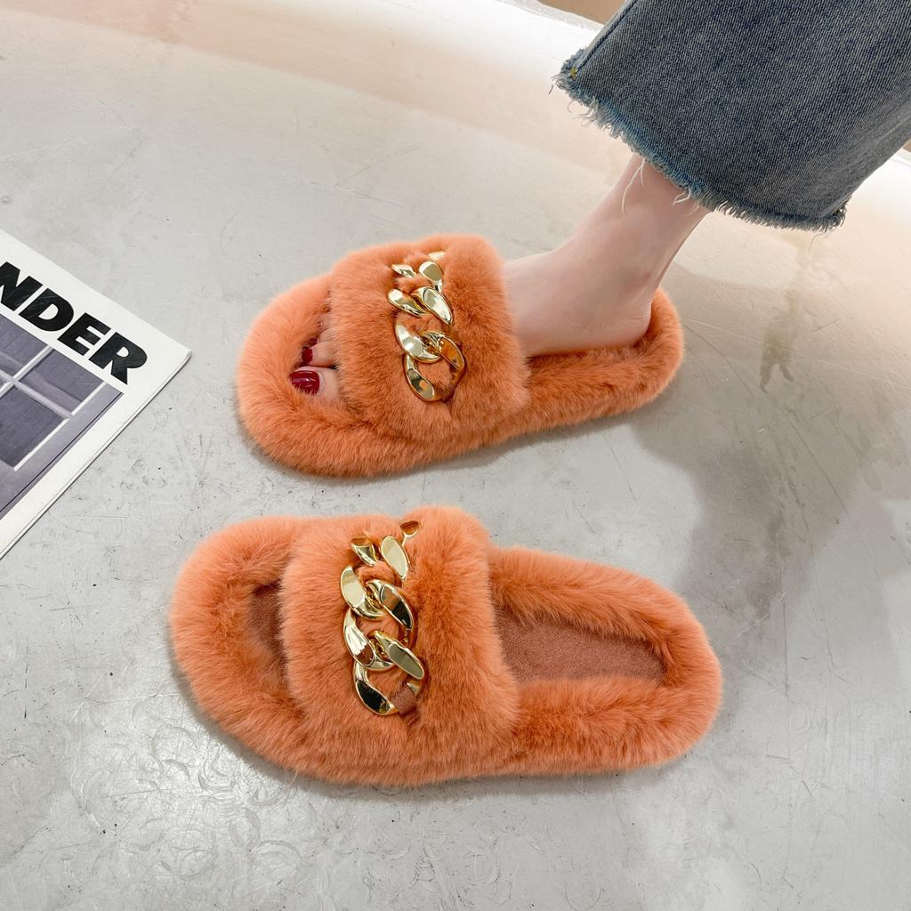 Большие размеры осенние и зимние тапочки с цепочкой, пушистые домашние и уличные, пушистые, нескользящие, с плоской подошвой, теплые, односложные тапочки