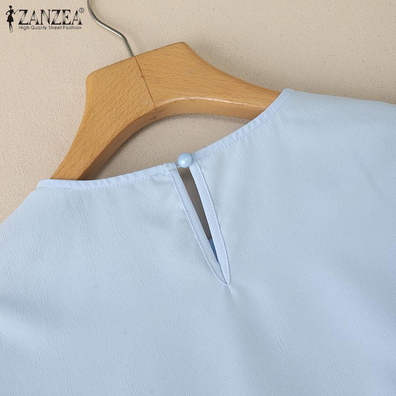 ZANZEA Женская повседневная летняя блузка с круглым вырезом и коротким рукавом