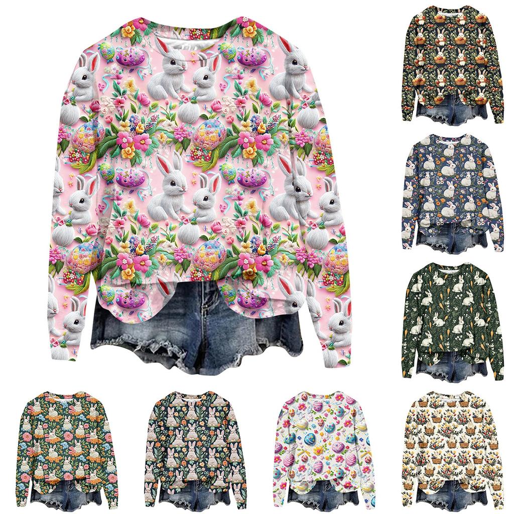 Женская мода Пасха Печатный Длинный рукав Свободный круглый вырез Толстовка Топ