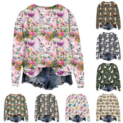 Женская мода Пасха Печатный Длинный рукав Свободный круглый вырез Толстовка Топ