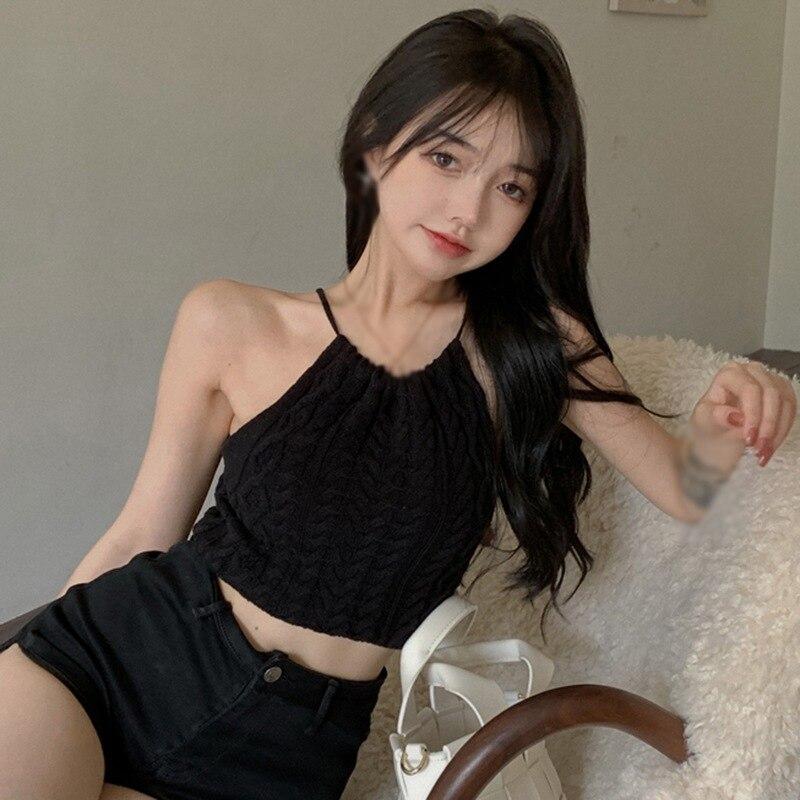 Woman Sling Short Vest Knitted Sleeveless V-Neck Hollow Out Slim Vests Summer Female Elastic Fashion Backless Tank Top