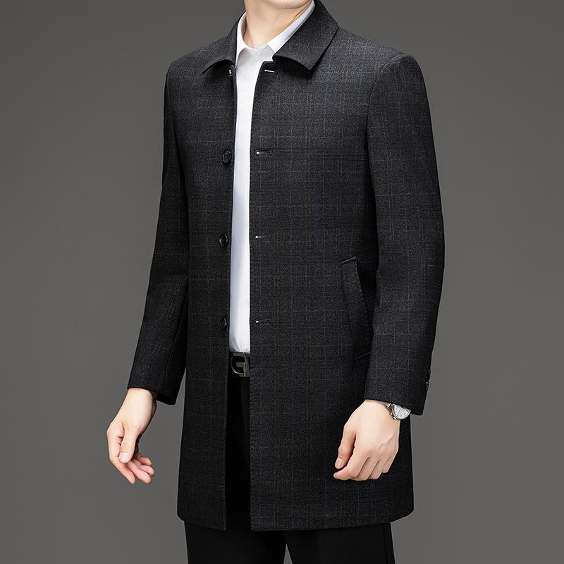 Осенне-зимняя мужская шерстяная ветровка средней длины, деловое повседневное пальто с лацканами, клетчатое пальто для пап среднего и пожилого возраста