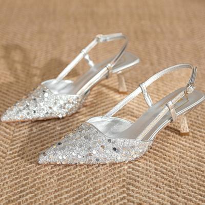 Сандалии Baotou Весна Новая линия одежды с острым носком и блестками, устойчивая к износу, на шпильках, с противоскользящим покрытием