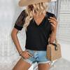 Summer Women Solid Color Short-sleeved T-shirt Female V Neck Lace Blouse Tops