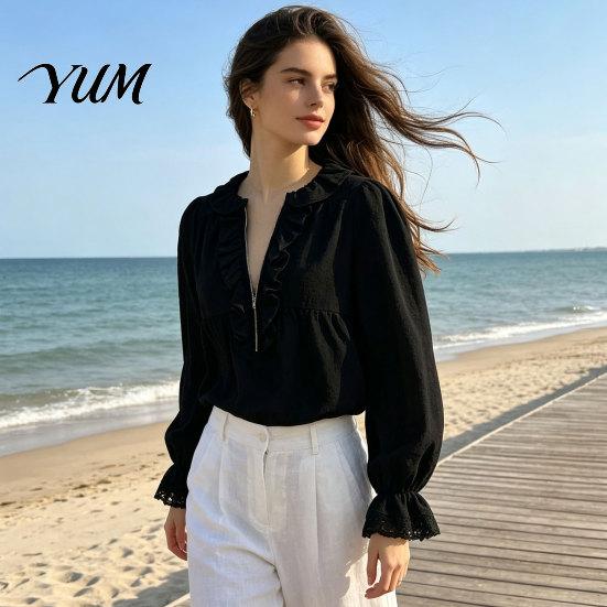 Long Sleeve Shirts Women Half Zipper V-Neck Blouse, Bohemian Ruffle Top, Breathable Top Solid Color Loose Fit Pleated Shirt for Spring Fall Design