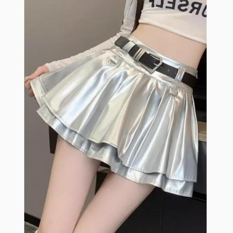 Юбка-короткая юбка Sweet Girl из искусственной кожи с плиссировкой и пышным узором, женская, Y2K, с высокой талией, А-силуэта, серебристые мини-юбки