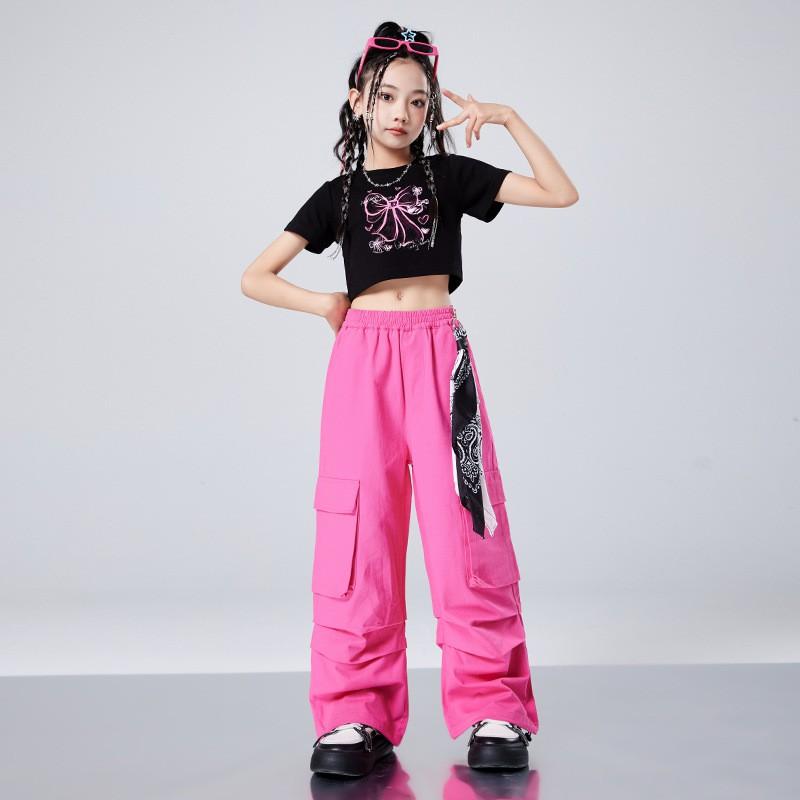 Girls Jazz Dance Outfit Hip Hop Streetwear Performance Costume Kids 8 Cotton Short Sleeve Top Pants Set