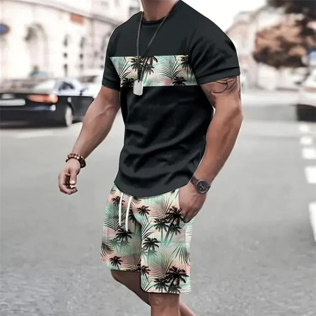Летняя мода, футболка, шорты, комплект, темпераментный уличный мужской s, свободный топ с 3D короткими рукавами и градиентным кокосовым принтом, стиль