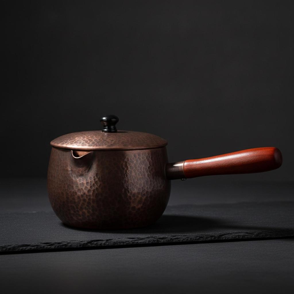 Copper Teapot with Wooden Handle Low-Profile Hammered Handcrafted