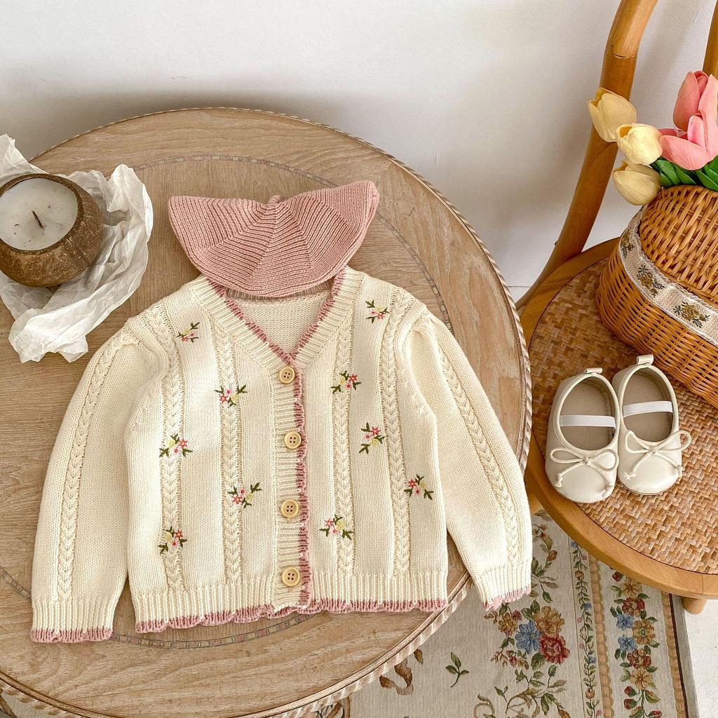 2025 Fall Versatile Baby Girl Embroidered Floral Cotton Knit Cardigan