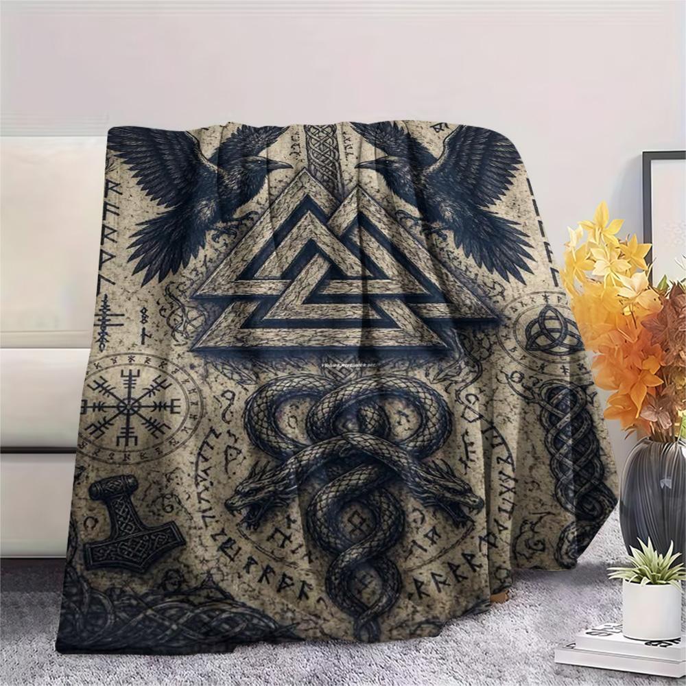 Norse Rune Raven Serpent Vintage Print Flannel Throw Blanket, Soft Warm Sofa Bed Cover, Mythology Home Decor Blanket