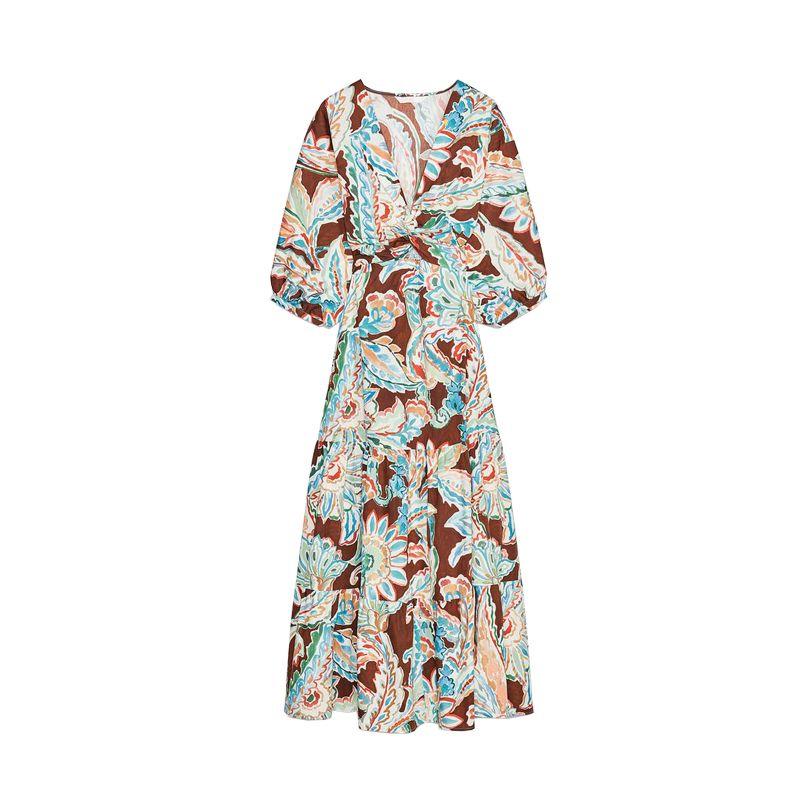 Spring New Women's Clothing French Style V-neck Long Sleeves Retro Print Poplin Bow Tie Long Dress 2584185