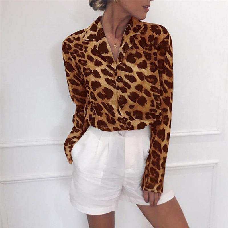 Leopard Print Chiffon Blouse Women Chic Casual Long Sleeve Turn Down Collar Office Lady Vintage Oversized Blusas