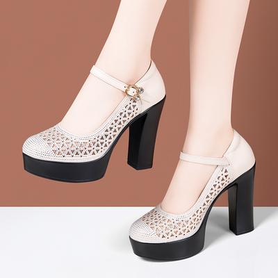 6см 9см 11см Элегантные сетчатые туфли из натуральной кожи с кристаллами, туфли-лодочки на платформе, весна 2025, туфли на высоком блочном каблуке, модель, свадебная вечеринка