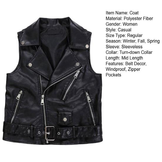 Женский жилет, пальто, искусственная кожа, гладкая поверхность, пояс, декор, отложной воротник, застежка-молния, без рукавов, карманы на молнии, ретро-жилет для мотоциклистов, езда на работу