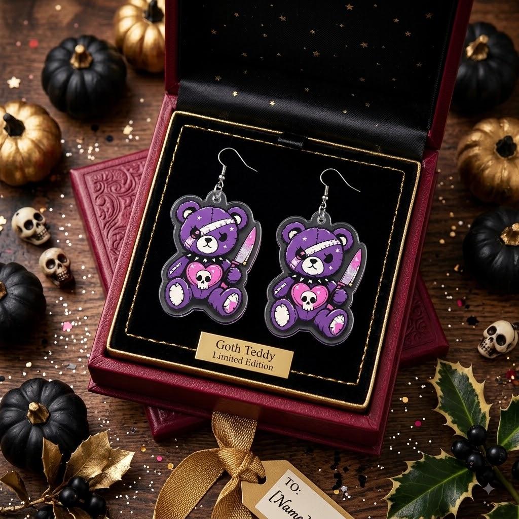Halloween 2D Acrylic Earrings: Spooky-Cute Contrast Style Creepy Teddy Bear