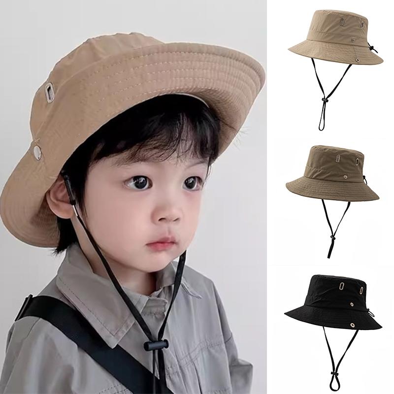 Summer Kids Fisherman Cap Outdoor Beach Wide Brim Bucket Hat for Boy Girl Solid Color Adjustable Children Panama Sun Hats