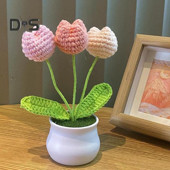 Вязаный вручную горшечный цветок крючком ручной работы Подсолнух Ландыш Тюльпан Горшечные искусственные цветы для домашнего офиса Украшение стола