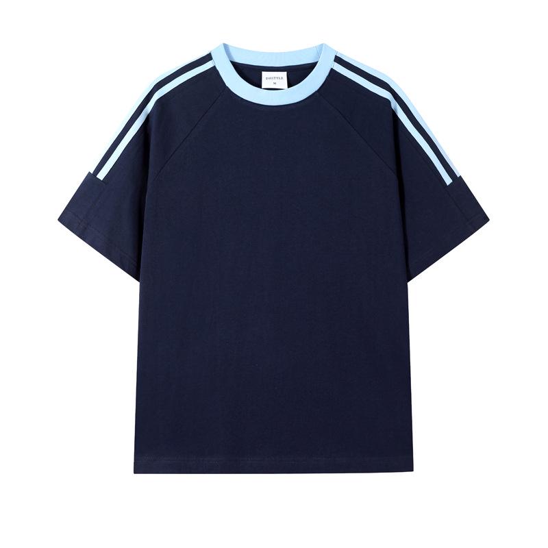 Футболка унисекс из плотного хлопка, однотонная, в американском спортивном стиле, с коротким рукавом и лентой из трех полос, летняя одежда