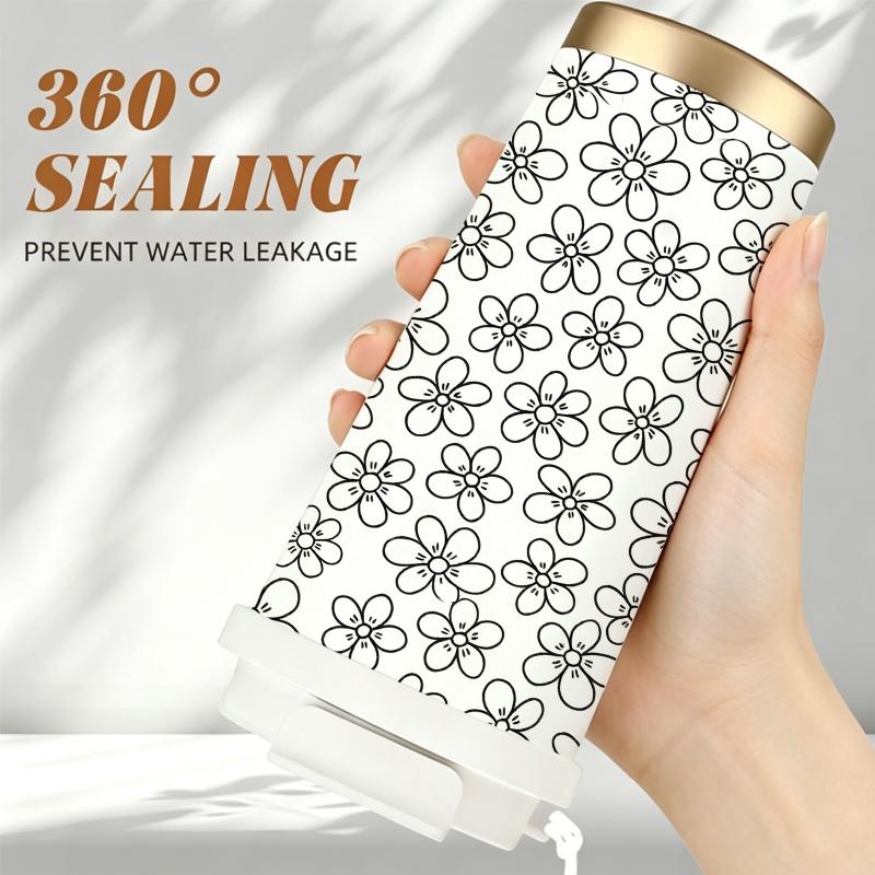 Coffee Mug 532ml Flower Element Lanyard Insulated Cup Outdoor Cup Large Capacity Cup Leakproof Coffee Cup Hot Cold Cup